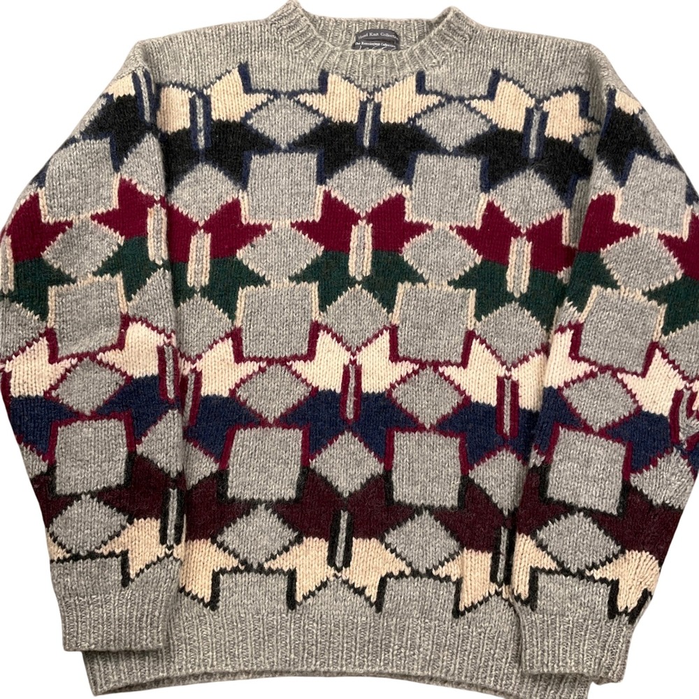 Kensington Sweater Mens XLarge Gray Red Hand Knit Wool Shetland Geometric‎ Star
